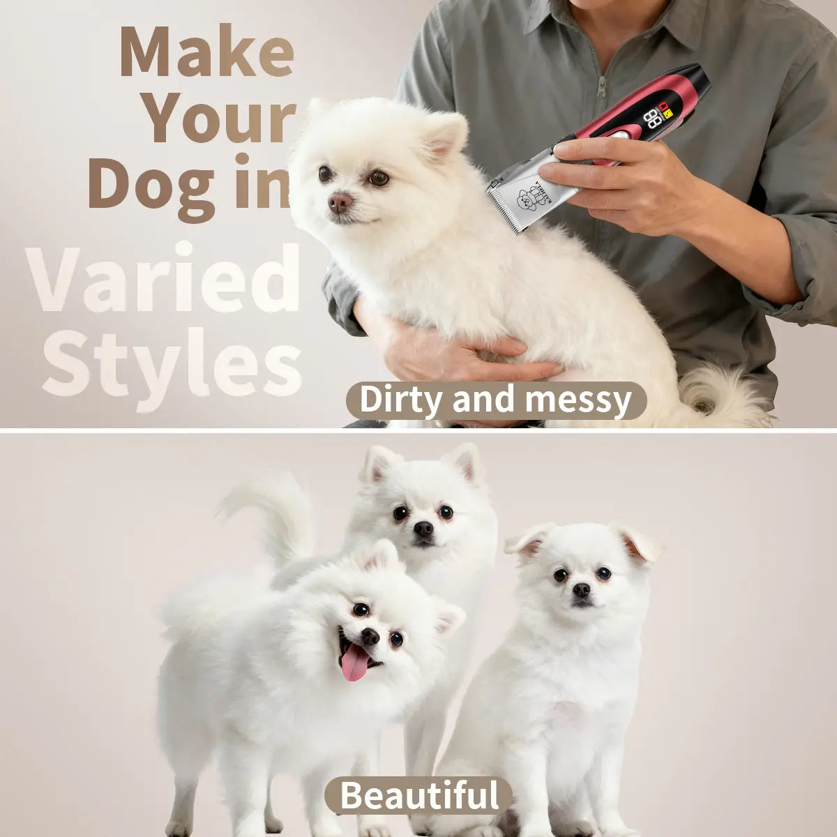 Professional Rechargeable Cordless Dog Grooming Clippers with Integrated Batteries, Low Noise and Vibration, LCD Digital Display, Complete Grooming Kit with Deodorant Plastic Combs, Universal Pet Hair Trimmer for Dogs and Rabbits