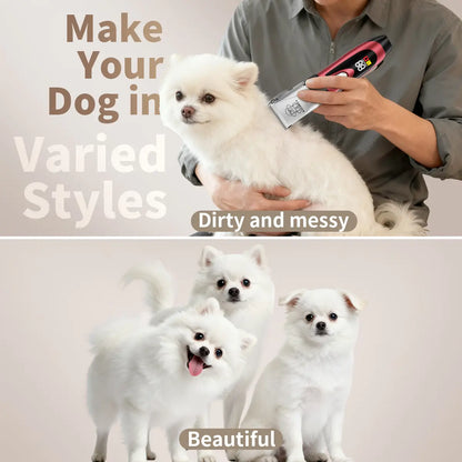 Professional Rechargeable Cordless Dog Grooming Clippers with Integrated Batteries, Low Noise and Vibration, LCD Digital Display, Complete Grooming Kit with Deodorant Plastic Combs, Universal Pet Hair Trimmer for Dogs and Rabbits