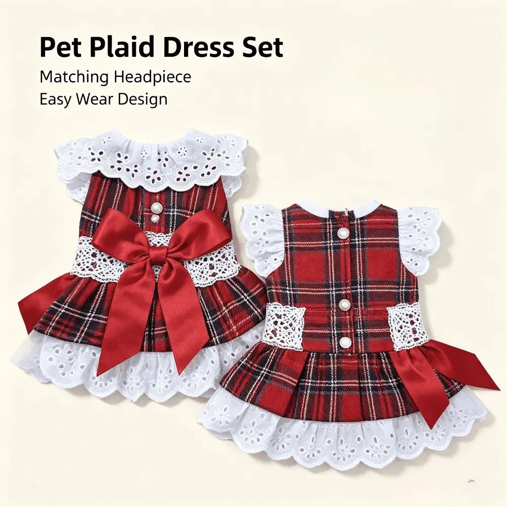Chic Cotton Blend Red Plaid Lace Bow Dog Dress for Small Breeds, Ideal for Chihuahuas and Yorkies