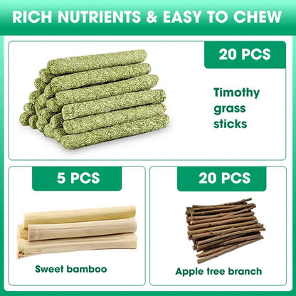 45-Piece High-Fiber Plant-Based Rabbit Molar Chew Sticks - Natural Bamboo and Timothy Hay Blend for Dental Health and Stress Relief, Ideal Treats for Small Pets such as Rabbits and Hamsters