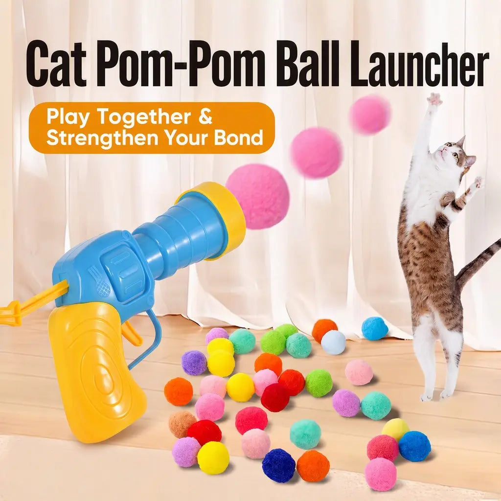 Universal Interactive Cat Toy Launcher Set with 30 Plush Balls - Manual Trigger, Durable and Battery-Free Indoor Chasing Game for Enhanced Bonding, Ideal Gift for Cats