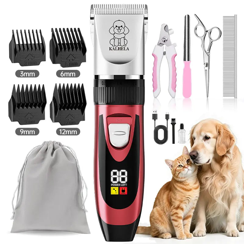 Professional Rechargeable Cordless Dog Grooming Clippers with Integrated Batteries, Low Noise and Vibration, LCD Digital Display, Complete Grooming Kit with Deodorant Plastic Combs, Universal Pet Hair Trimmer for Dogs and Rabbits