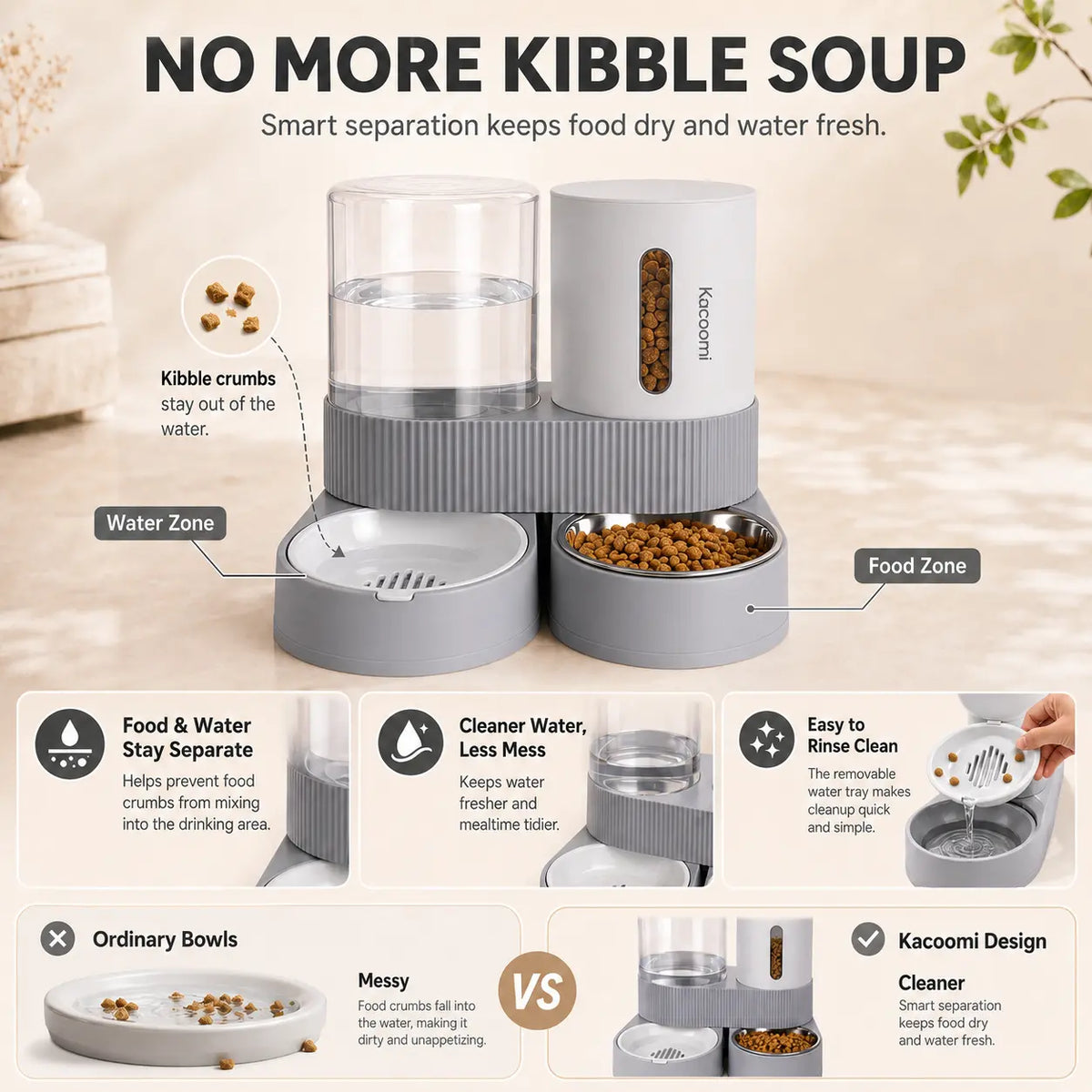 Kacoomi Dual Automatic Gravity Feeder and Water Dispenser Set for Cats - 2.4L Auto-Refill Water Capacity, 88Oz Mess-Free Food Storage, Durable Stainless Steel Bowl, Easy to Clean, Suitable for All Seasons