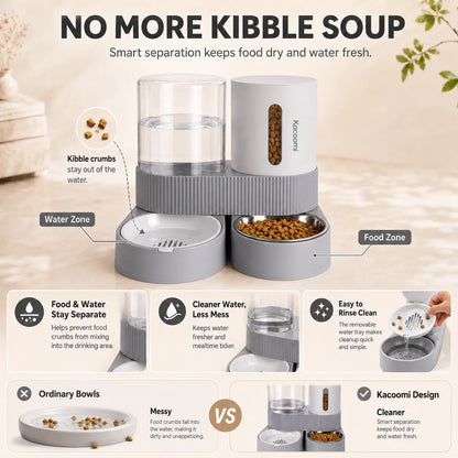 Kacoomi Dual Automatic Gravity Feeder and Water Dispenser Set for Cats - 2.4L Auto-Refill Water Capacity, 88Oz Mess-Free Food Storage, Durable Stainless Steel Bowl, Easy to Clean, Suitable for All Seasons
