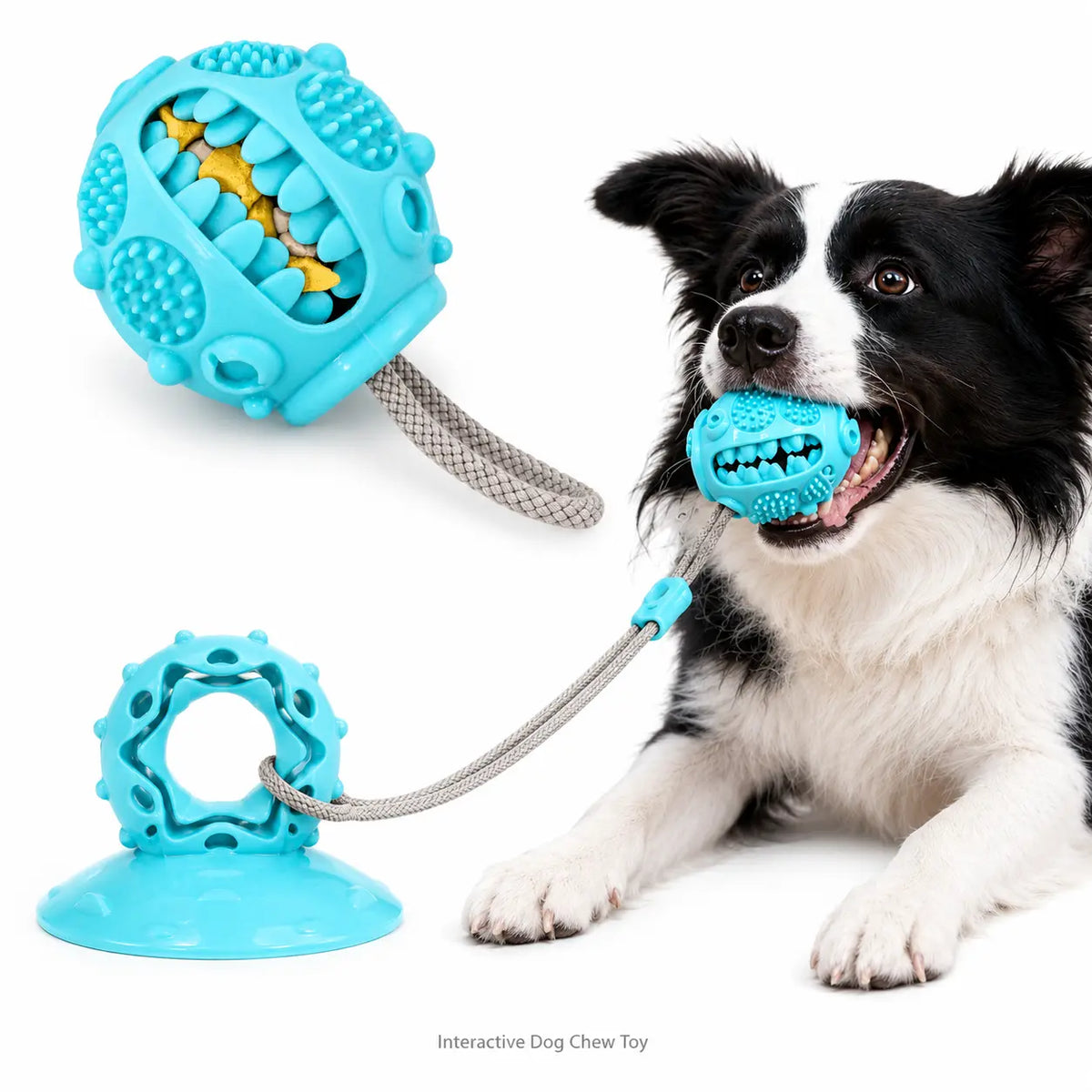 Durable Interactive Dog Chew Toy with Suction Cup and Treat Dispensing Features, TPR Teeth Cleaning Ball with Rope, Puzzle Feeder and Enrichment Toy for Puppies and Small to Medium Dogs, Ideal for Indoor Self-Play and Training