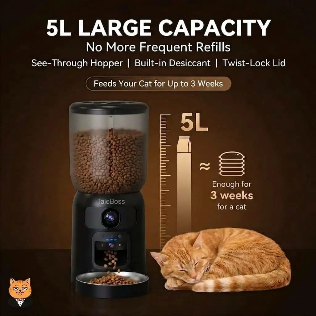 Taleboss 5L Smart Automatic Cat and Kitten Feeder with App Control, Integrated Camera, and Interactive Toy for Engaging Indoor Play