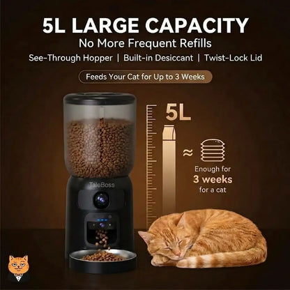 Taleboss 5L Smart Automatic Cat and Kitten Feeder with App Control, Integrated Camera, and Interactive Toy for Engaging Indoor Play