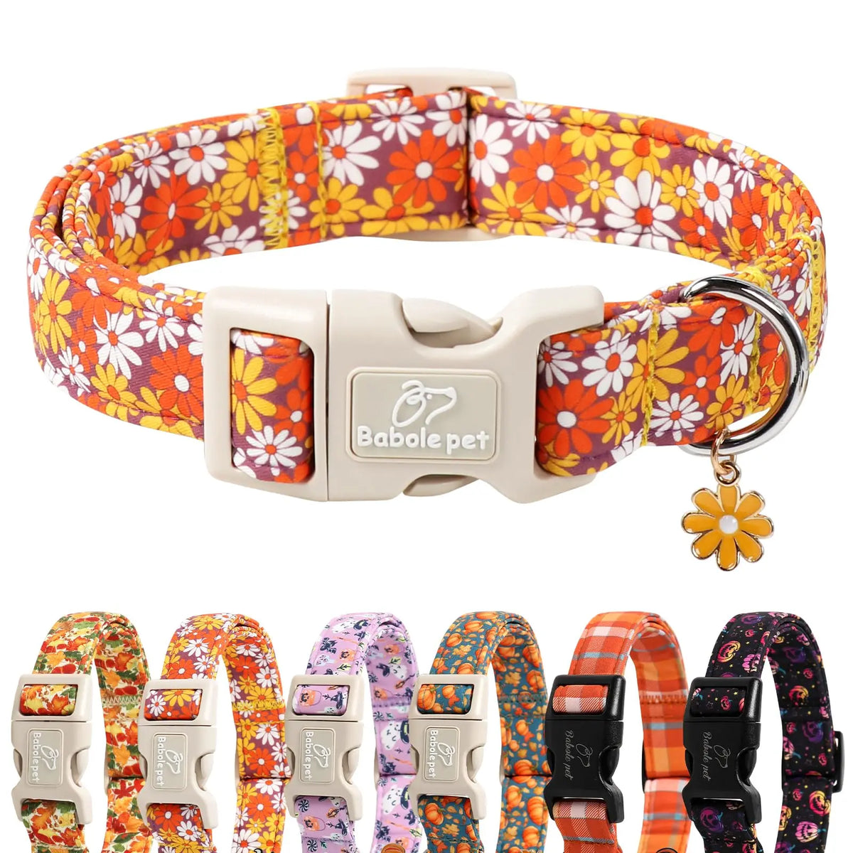 Amber Fall Pumpkin Cotton Dog Collar - Lightweight, Adjustable, and Durable with Plastic Buckle for Small Dogs, 5/8" Wide, Fits Necks 8-12", Chew Resistant, Hand Wash Only