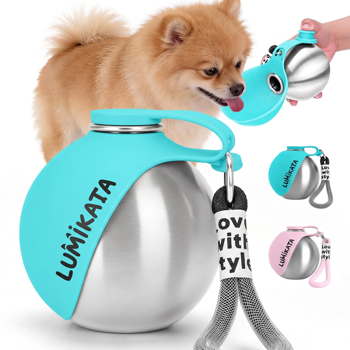 Lumikata 2-in-1 Portable Dog Water Bottle - 10oz Stainless Steel with Silicone Foldable Bowl, Leak-Proof Design for Small Dogs and Pet Feeding Supplies