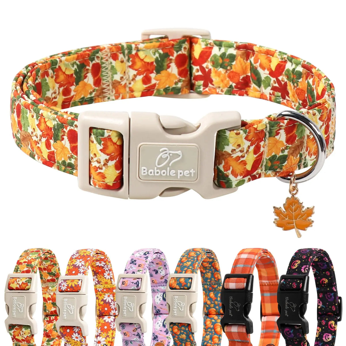 Amber Fall Pumpkin Cotton Dog Collar - Lightweight, Adjustable, and Durable with Plastic Buckle for Small Dogs, 5/8" Wide, Fits Necks 8-12", Chew Resistant, Hand Wash Only