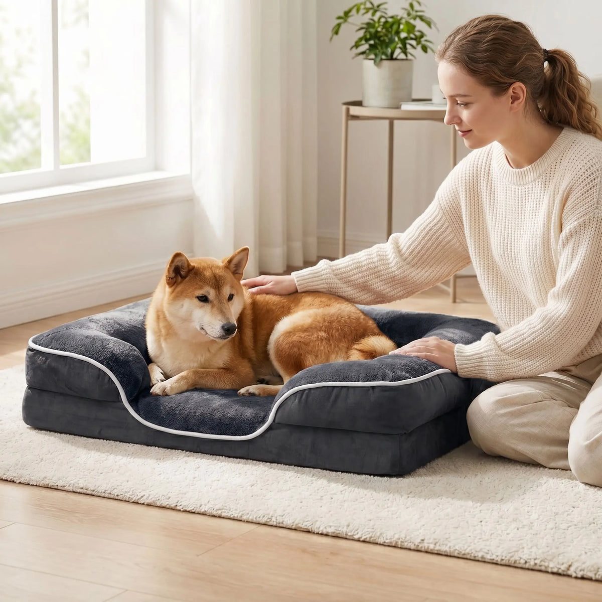 Sweetcrispy Contemporary Orthopedic Memory Foam Pet Bed for Large Dogs with 3-Sided Bolsters - 20"L x 24"W x 8"Th, Pressure Relief, Supportive Design, Washable Cover, Non-Slip Base, Waterproof