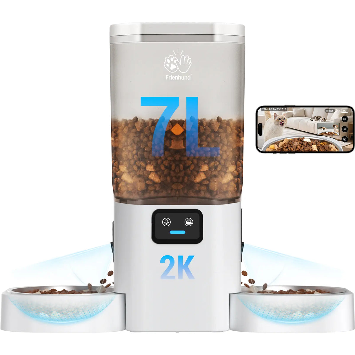 Frienhund Smart Pet Feeder with Dual Cameras - 7L Capacity, 1080P HD Monitoring, Night Vision, Slow Feed Mode, App Control, Timed and Portion Feeding, Dual Stainless Steel Bowls for Multi-Pet Households