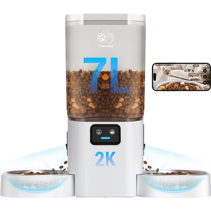 Frienhund Smart Pet Feeder with Dual Cameras - 7L Capacity, 1080P HD Monitoring, Night Vision, Slow Feed Mode, App Control, Timed and Portion Feeding, Dual Stainless Steel Bowls for Multi-Pet Households