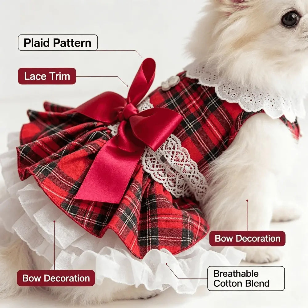 Chic Cotton Blend Red Plaid Lace Bow Dog Dress for Small Breeds, Ideal for Chihuahuas and Yorkies