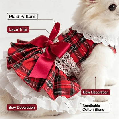 Chic Cotton Blend Red Plaid Lace Bow Dog Dress for Small Breeds, Ideal for Chihuahuas and Yorkies