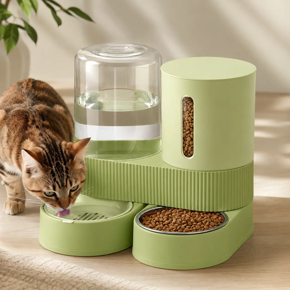 Kacoomi Dual Automatic Gravity Feeder and Water Dispenser Set for Cats - 2.4L Auto-Refill Water Capacity, 88Oz Mess-Free Food Storage, Durable Stainless Steel Bowl, Easy to Clean, Suitable for All Seasons