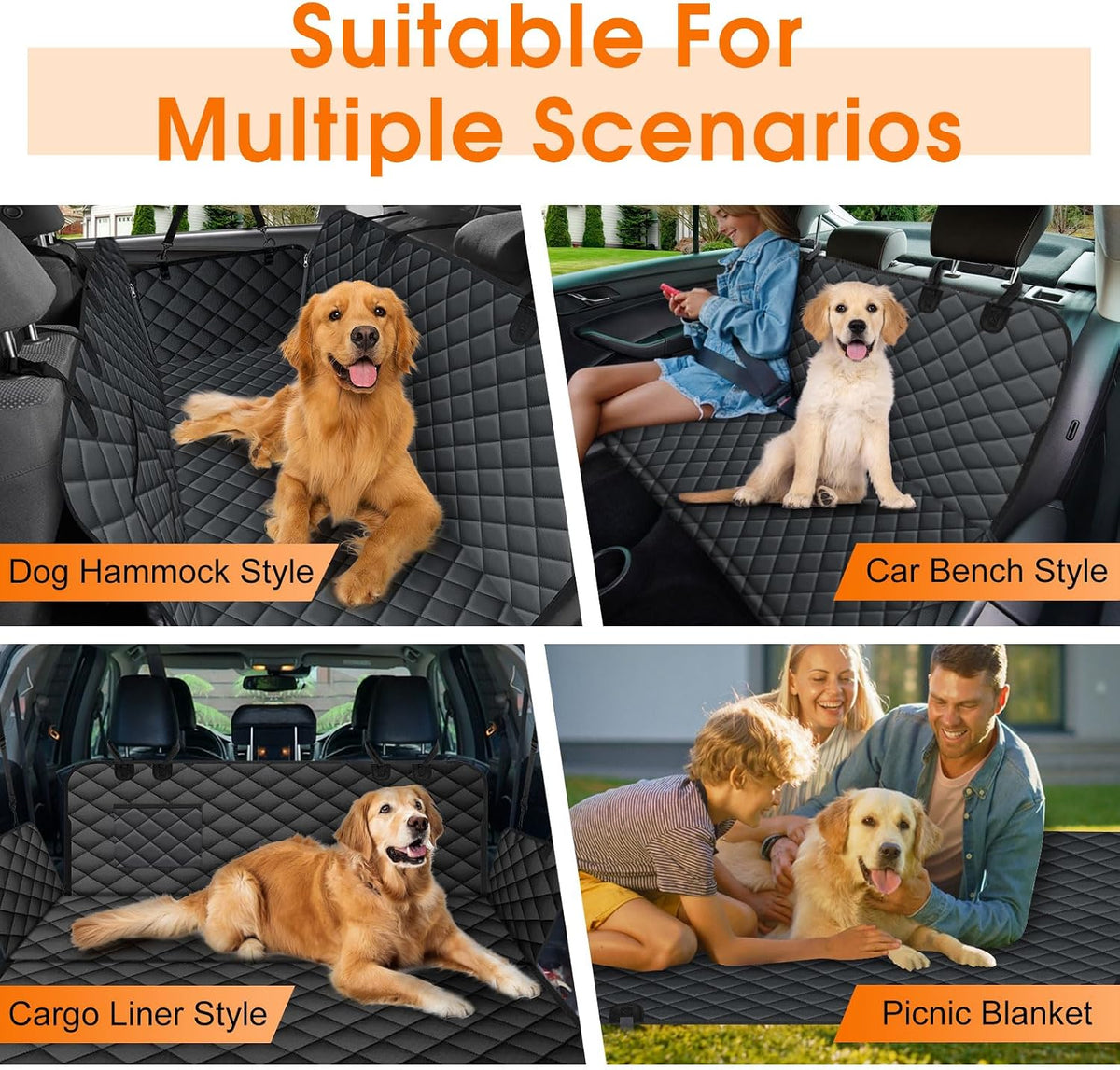 Waterproof Black Dog Car Seat Cover for Back Seat - Pet Hammock, Size Small