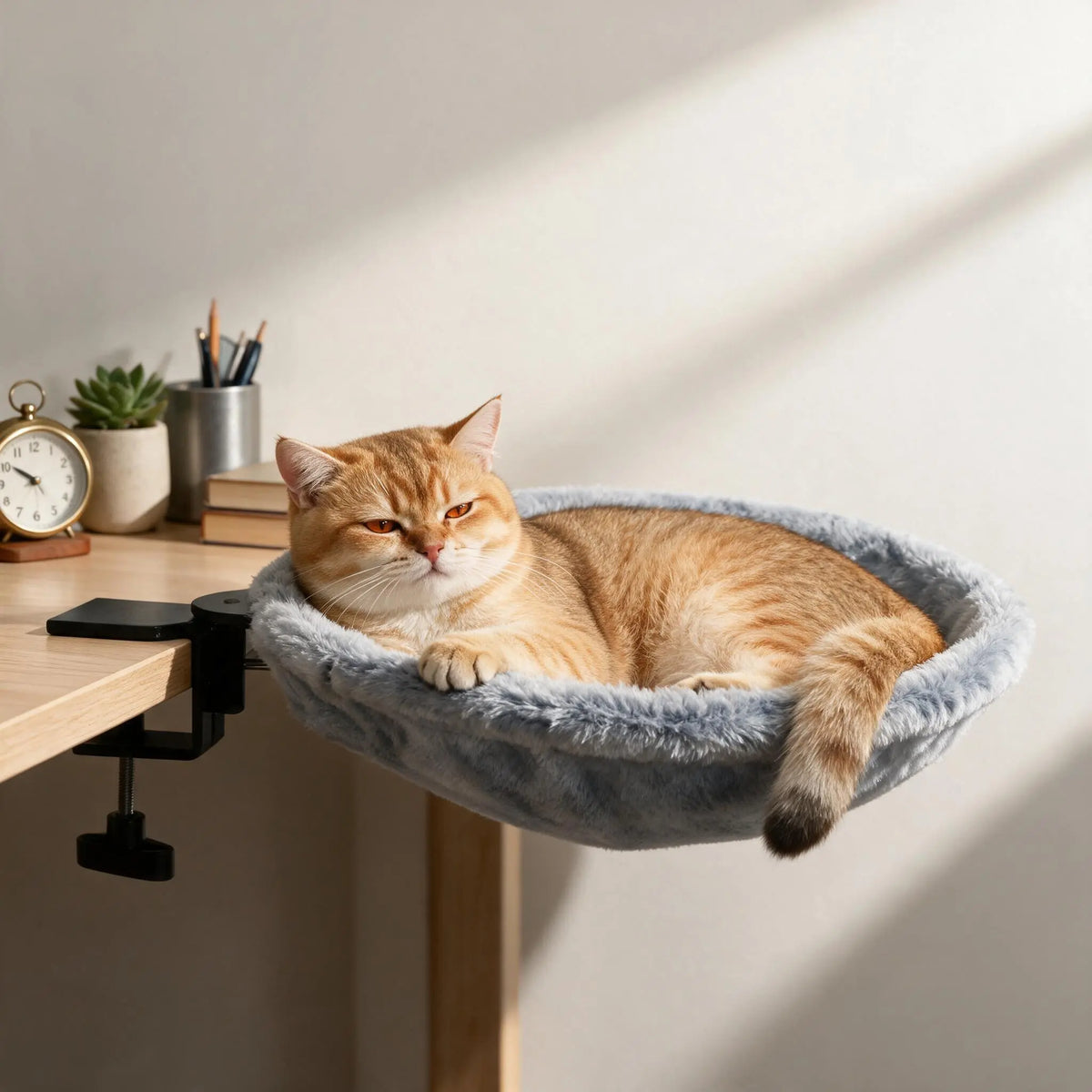 Elevated Cat Hammock Condo with Desk Clamp - Contemporary Marble Aesthetic, Durable Velcro Nylon, 360-Degree Rotatable for Enhanced Pet Comfort