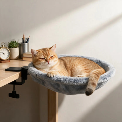 Elevated Cat Hammock Condo with Desk Clamp - Contemporary Marble Aesthetic, Durable Velcro Nylon, 360-Degree Rotatable for Enhanced Pet Comfort