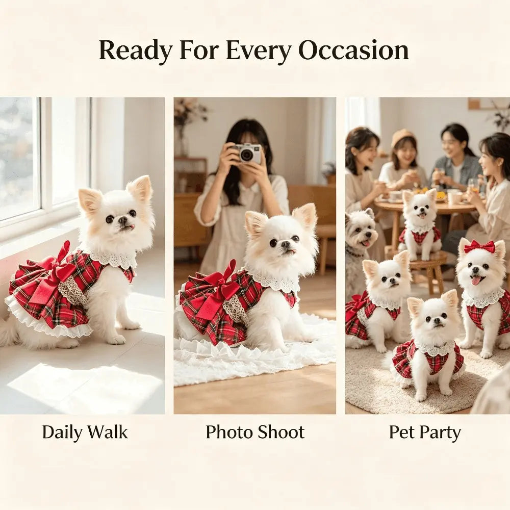 Chic Cotton Blend Red Plaid Lace Bow Dog Dress for Small Breeds, Ideal for Chihuahuas and Yorkies