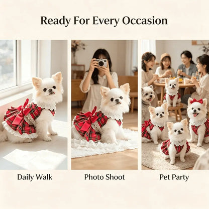 Chic Cotton Blend Red Plaid Lace Bow Dog Dress for Small Breeds, Ideal for Chihuahuas and Yorkies