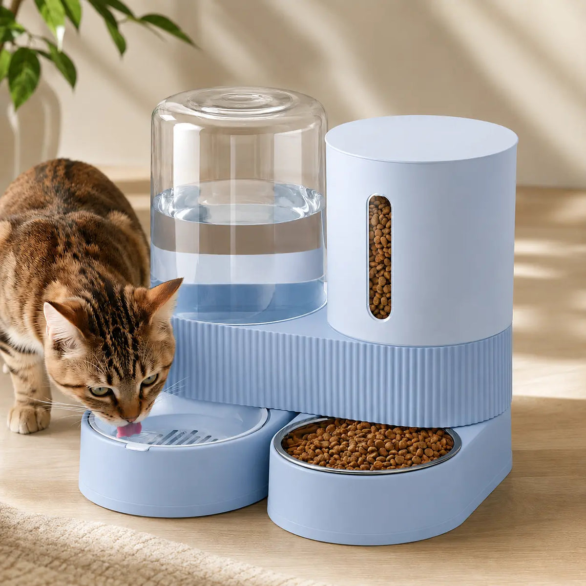 Kacoomi Dual Automatic Gravity Feeder and Water Dispenser Set for Cats - 2.4L Auto-Refill Water Capacity, 88Oz Mess-Free Food Storage, Durable Stainless Steel Bowl, Easy to Clean, Suitable for All Seasons