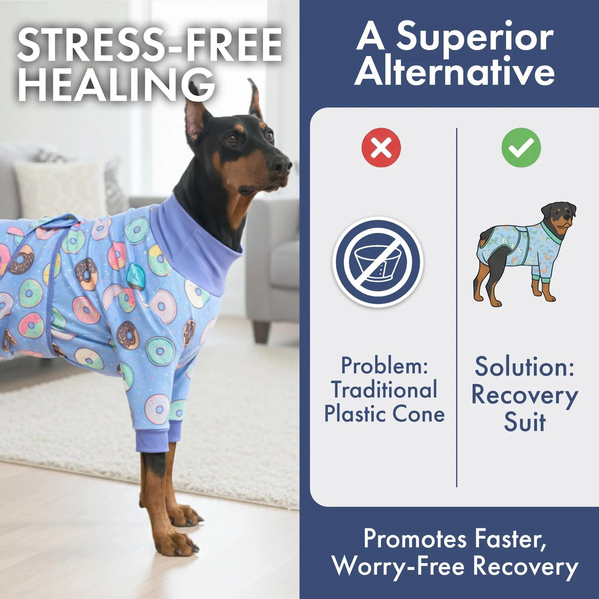 Spark Paws Dog Recovery Suit - Post-Surgery Onesie for Dogs, Anti-Lick Abdominal Wound Protector, Soft Alternative to Cone for Spay/Neuter Recovery, Donut Pattern, Size Small