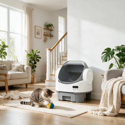 Alifuraha Smart Self-Cleaning Automatic Litter Box for Cats - Open-Top Design, Large Capacity (3.5 to 22 lbs), App-Free & Plug-and-Play, 4-Layer Safety System, Easy-Clean Drum, 15-Day Waste Storage, Scoop-Free Operation, 3-Minute Deep Cleaning, Odor Control, Auto/Manual Modes
