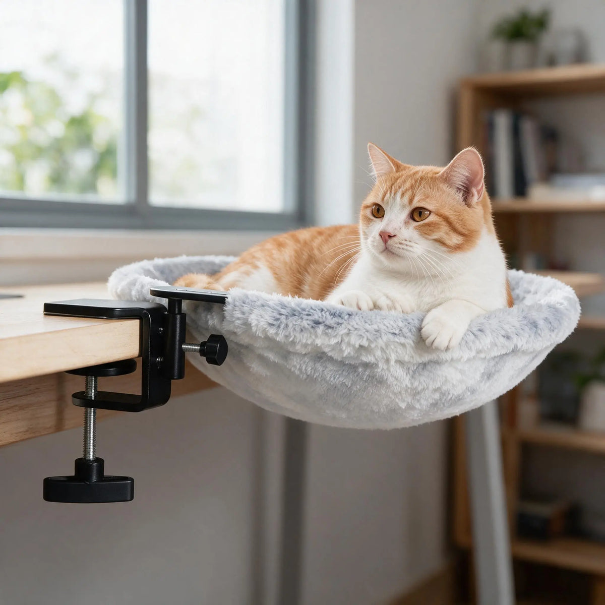 Elevated Cat Hammock Condo with Desk Clamp - Contemporary Marble Aesthetic, Durable Velcro Nylon, 360-Degree Rotatable for Enhanced Pet Comfort