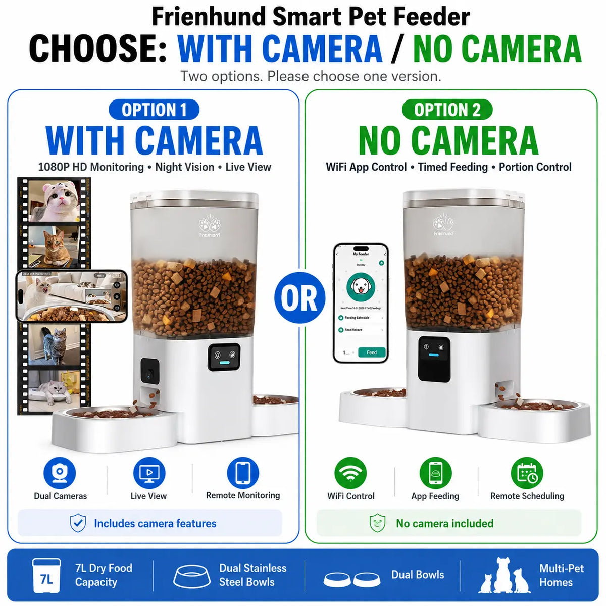 Frienhund Smart Pet Feeder with Dual Cameras - 7L Capacity, 1080P HD Monitoring, Night Vision, Slow Feed Mode, App Control, Timed and Portion Feeding, Dual Stainless Steel Bowls for Multi-Pet Households