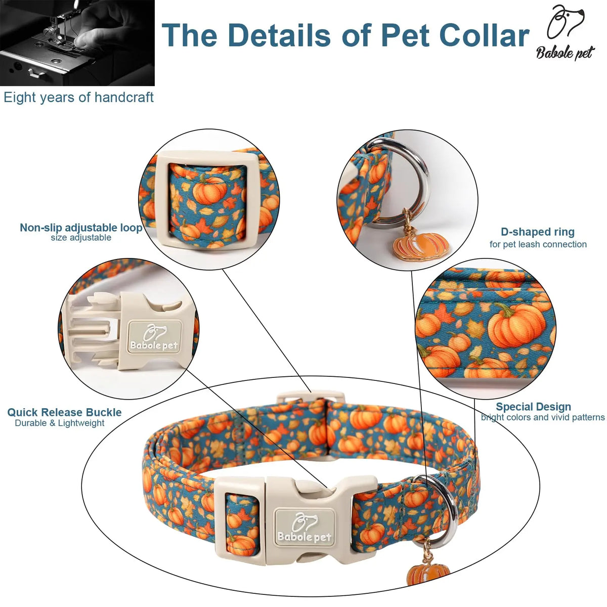 Amber Fall Pumpkin Cotton Dog Collar - Lightweight, Adjustable, and Durable with Plastic Buckle for Small Dogs, 5/8" Wide, Fits Necks 8-12", Chew Resistant, Hand Wash Only