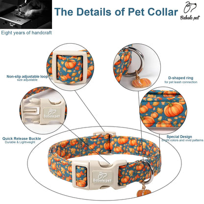 Amber Fall Pumpkin Cotton Dog Collar - Lightweight, Adjustable, and Durable with Plastic Buckle for Small Dogs, 5/8" Wide, Fits Necks 8-12", Chew Resistant, Hand Wash Only