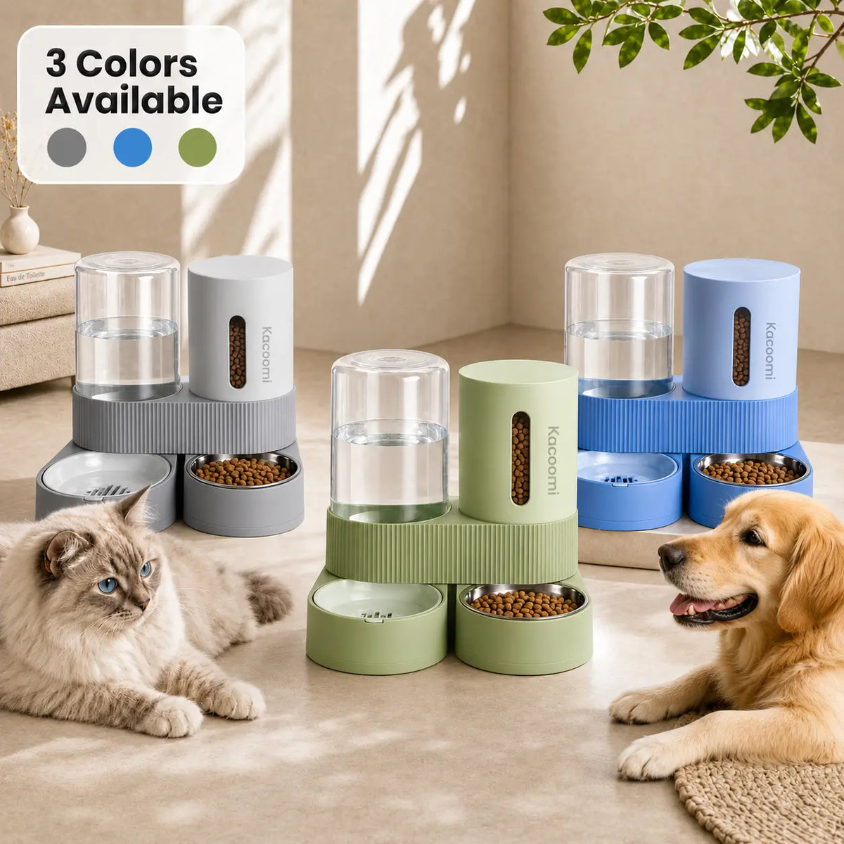 Kacoomi Dual Automatic Gravity Feeder and Water Dispenser Set for Cats - 2.4L Auto-Refill Water Capacity, 88Oz Mess-Free Food Storage, Durable Stainless Steel Bowl, Easy to Clean, Suitable for All Seasons