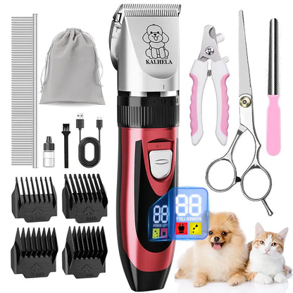 Professional Rechargeable Cordless Dog Grooming Clippers with Integrated Batteries, Low Noise and Vibration, LCD Digital Display, Complete Grooming Kit with Deodorant Plastic Combs, Universal Pet Hair Trimmer for Dogs and Rabbits
