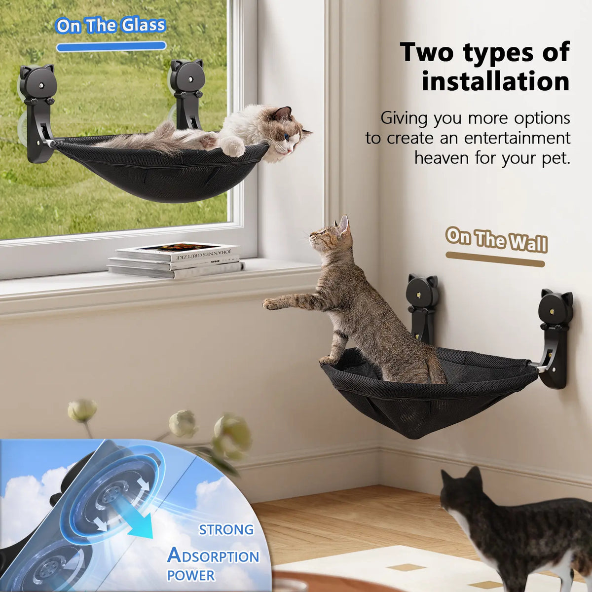 Cat Window Perch Hammock Bed with Suction Cups - Sturdy Mesh Fabric and Collapsible Metal Frame, Supports Up to 40 lbs for Sunbathing and Space-Saving in Homes and Apartments