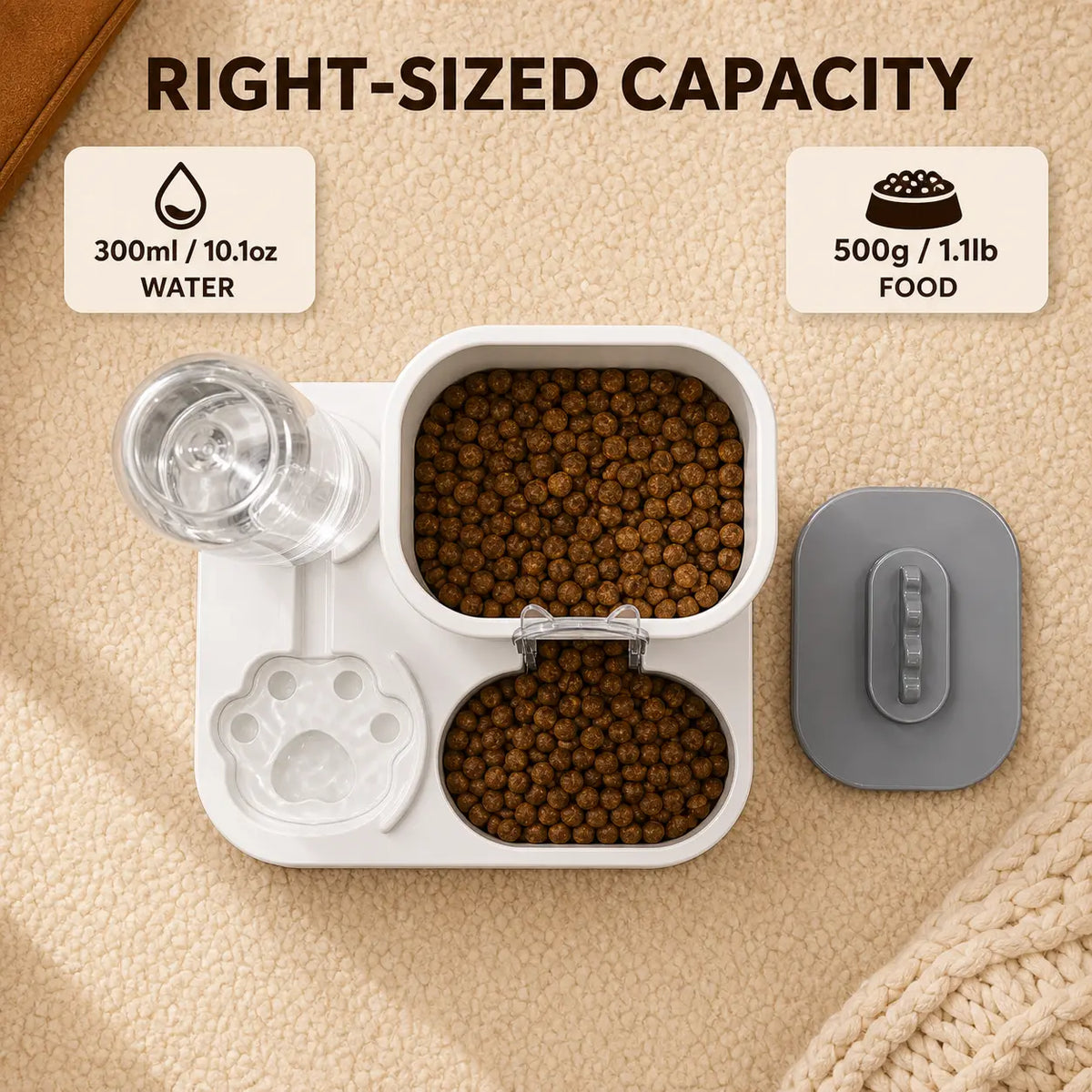 PAWSURD 2-In-1 Automatic Gravity Pet Feeder and Fresh Water Dispenser, Adjustable Food Flow, No Power Required, Perfect for Home and Short Trips, Suitable for Cats and Small Dogs