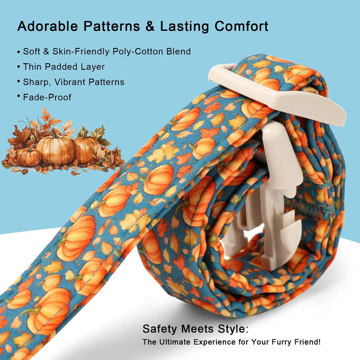Amber Fall Pumpkin Cotton Dog Collar - Lightweight, Adjustable, and Durable with Plastic Buckle for Small Dogs, 5/8" Wide, Fits Necks 8-12", Chew Resistant, Hand Wash Only