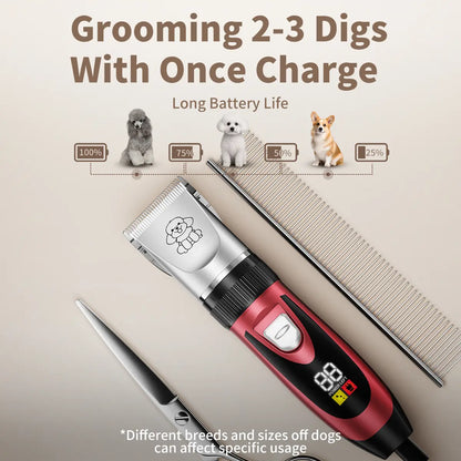 Professional Rechargeable Cordless Dog Grooming Clippers with Integrated Batteries, Low Noise and Vibration, LCD Digital Display, Complete Grooming Kit with Deodorant Plastic Combs, Universal Pet Hair Trimmer for Dogs and Rabbits