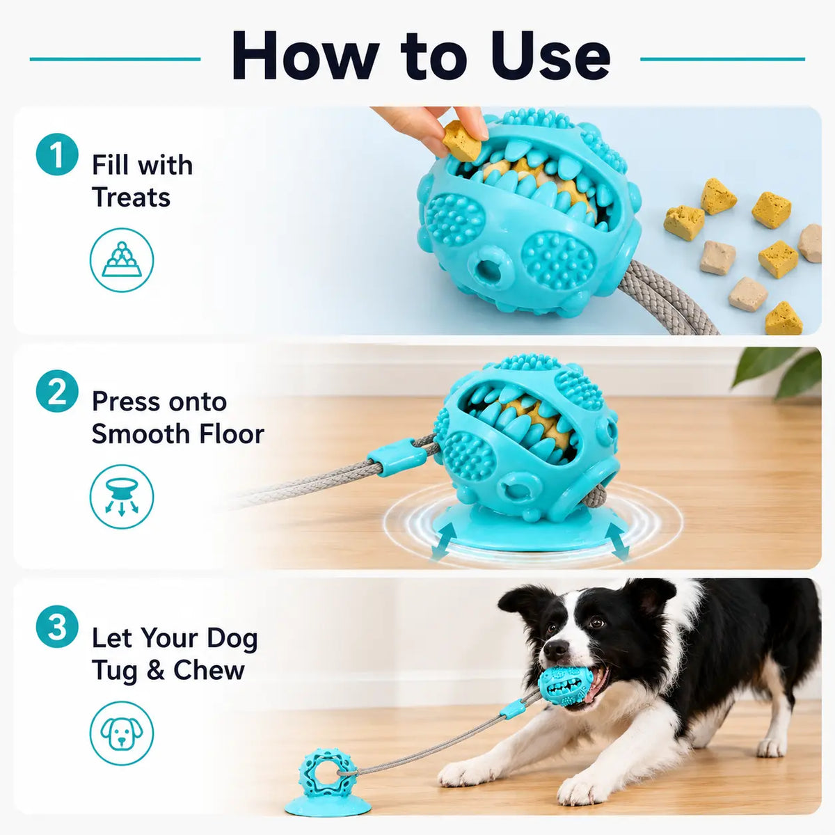 Durable Interactive Dog Chew Toy with Suction Cup and Treat Dispensing Features, TPR Teeth Cleaning Ball with Rope, Puzzle Feeder and Enrichment Toy for Puppies and Small to Medium Dogs, Ideal for Indoor Self-Play and Training