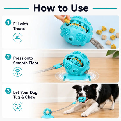 Durable Interactive Dog Chew Toy with Suction Cup and Treat Dispensing Features, TPR Teeth Cleaning Ball with Rope, Puzzle Feeder and Enrichment Toy for Puppies and Small to Medium Dogs, Ideal for Indoor Self-Play and Training