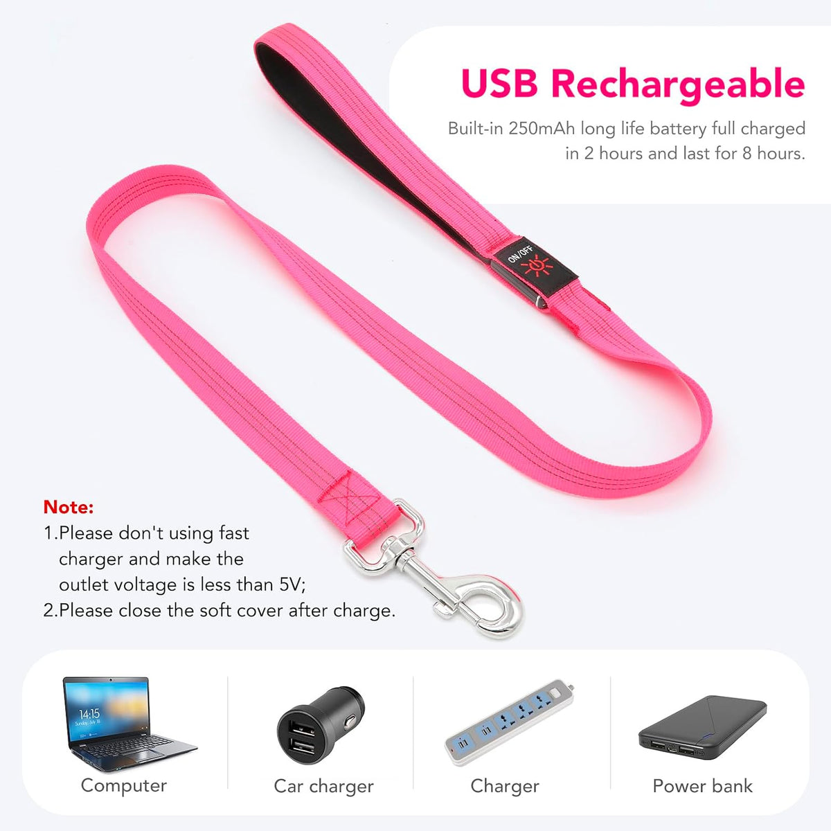 USB Rechargeable LED Illuminated Dog Leash (4ft, Pink)