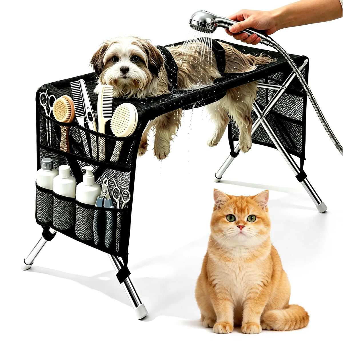 Pet Grooming Hammock for Small Dogs and Cats (Up to 22 lbs) - Stainless Steel Stand with Foldable Joint Protection Restraint for Grooming, Nail Trimming, and Bathing Care