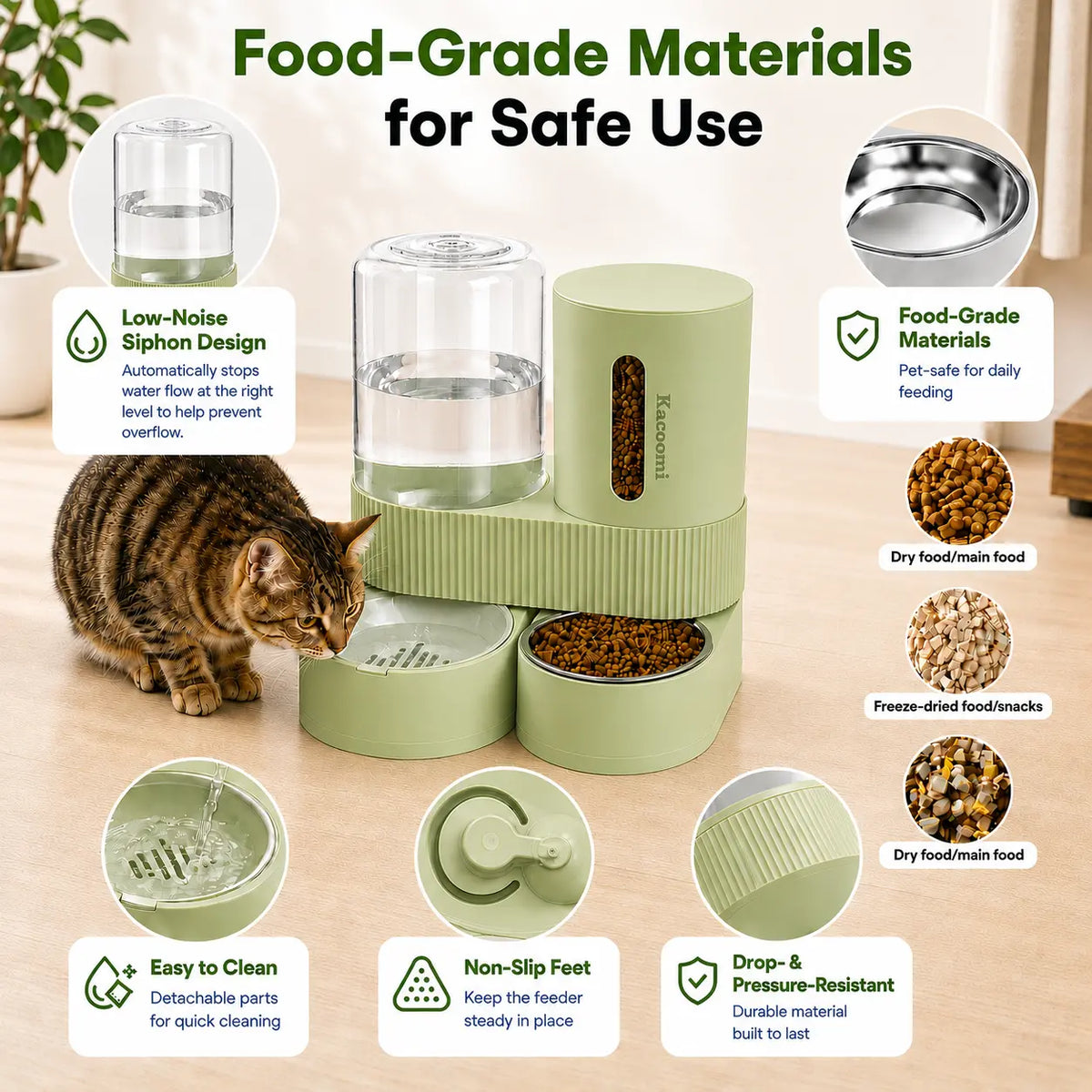 Kacoomi Dual Automatic Gravity Feeder and Water Dispenser Set for Cats - 2.4L Auto-Refill Water Capacity, 88Oz Mess-Free Food Storage, Durable Stainless Steel Bowl, Easy to Clean, Suitable for All Seasons