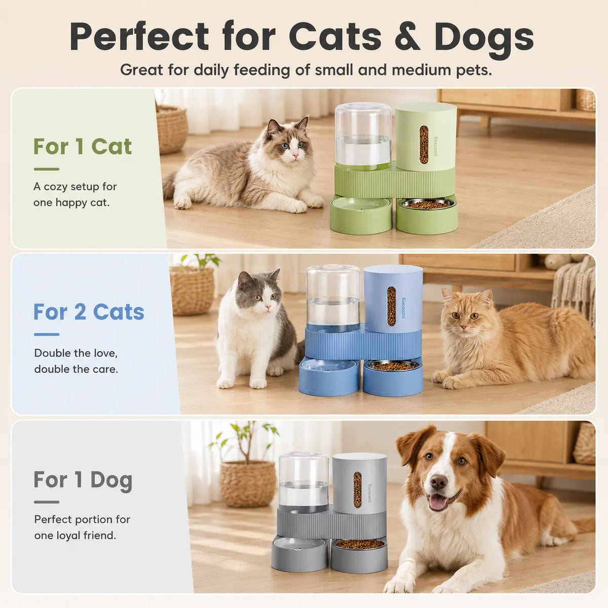 Kacoomi Dual Automatic Gravity Feeder and Water Dispenser Set for Cats - 2.4L Auto-Refill Water Capacity, 88Oz Mess-Free Food Storage, Durable Stainless Steel Bowl, Easy to Clean, Suitable for All Seasons