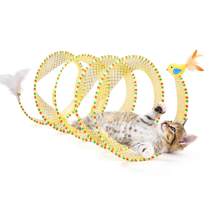 Potaroma Collapsible Spiral Cat Tunnel Toy - Flexible Spring Design, Travel-Friendly Mesh with Feather and Bell, 20-Inch Unfolded for Indoor Kittens, Enriching Pet Accessory for Bird Engagement