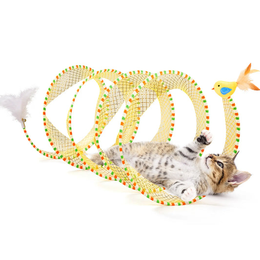 Potaroma Collapsible Spiral Cat Tunnel Toy - Flexible Spring Design, Travel-Friendly Mesh with Feather and Bell, 20-Inch Unfolded for Indoor Kittens, Enriching Pet Accessory for Bird Engagement