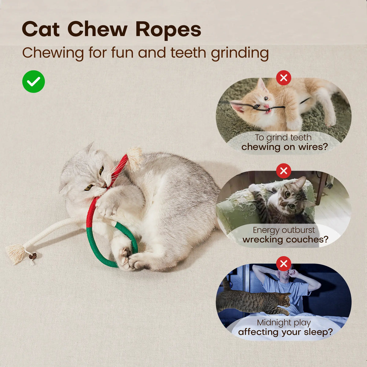 Potaroma 3-Pack Organic Cotton Snake-Shaped Interactive Cat Chew Ropes - Value Dental Care Toys for Indoor Kittens, Promoting Teeth Cleaning, Quiet Play, Increased Exercise, and Calming Benefits