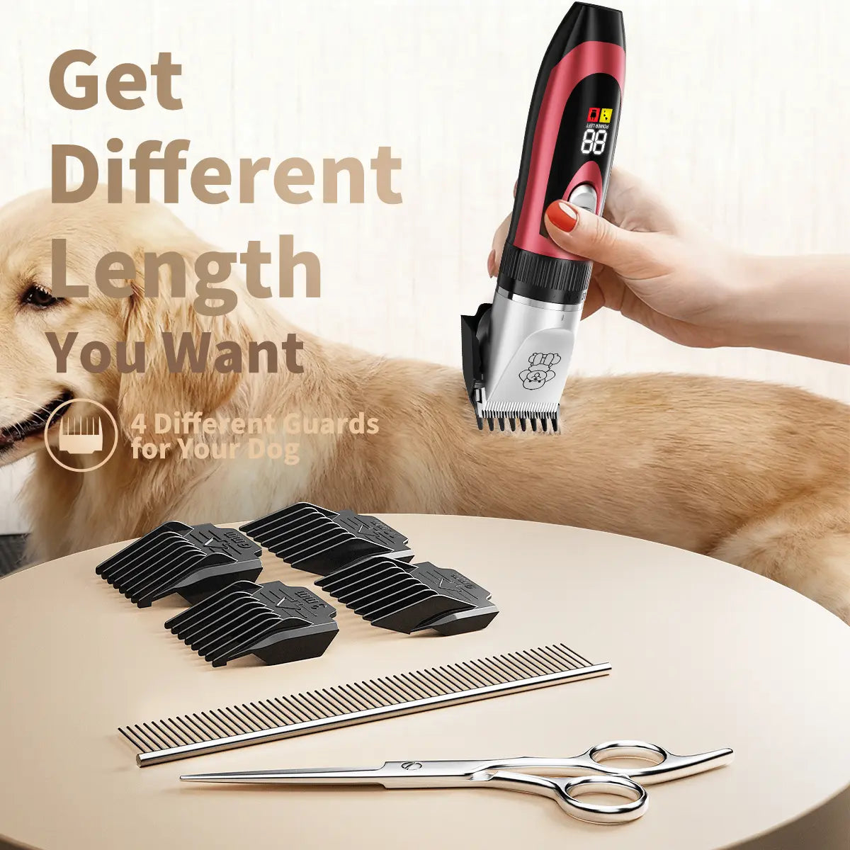 Professional Rechargeable Cordless Dog Grooming Clippers with Integrated Batteries, Low Noise and Vibration, LCD Digital Display, Complete Grooming Kit with Deodorant Plastic Combs, Universal Pet Hair Trimmer for Dogs and Rabbits
