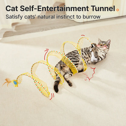 Potaroma Collapsible Spiral Cat Tunnel Toy - Flexible Spring Design, Travel-Friendly Mesh with Feather and Bell, 20-Inch Unfolded for Indoor Kittens, Enriching Pet Accessory for Bird Engagement