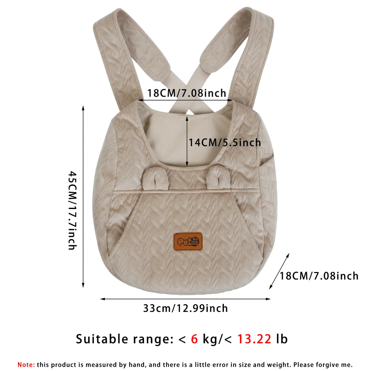 Khaki Quilted Pet Carrier Backpack with Concealed Front Storage, Breathable Fabric, Adjustable Straps, and Enhanced Portability for Small to Medium Dogs and Cats, Ideal for Outdoor Travel and Walks